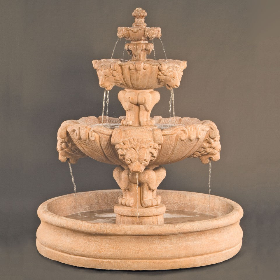 3 Tier Lion Fountain in Cast Stone - Fiore Stone 257-FM & 257-FMB - Majestic Fountains and More