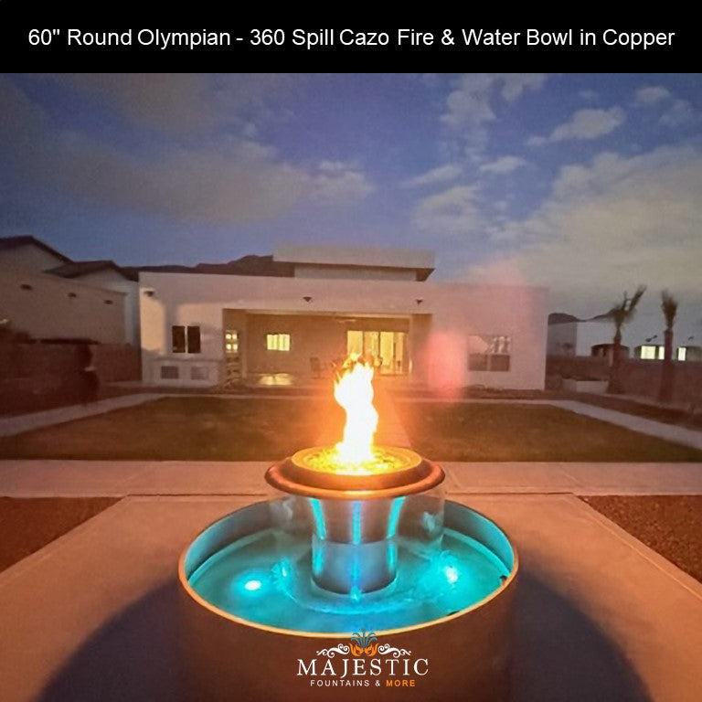 60 inch Round Olympian - 360 Spill Cazo Fire & Water Bowl in Copper by The Outdoor Plus - Majestic Fountains and More