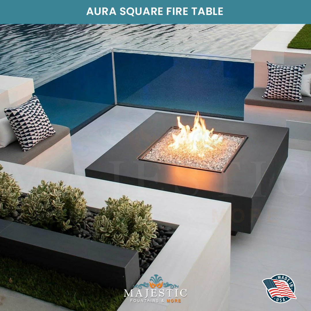 Aura Square Fire Table in GFRC Concrete  - Majestic Fountains