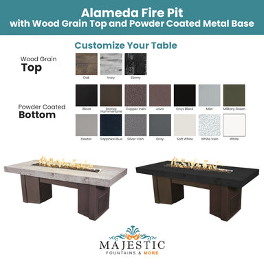 Alameda Fire Table with Wood Grain Top and Powder Coated Metal Base by The Outdoor Plus + Free Cover - Majestic Fountains and More