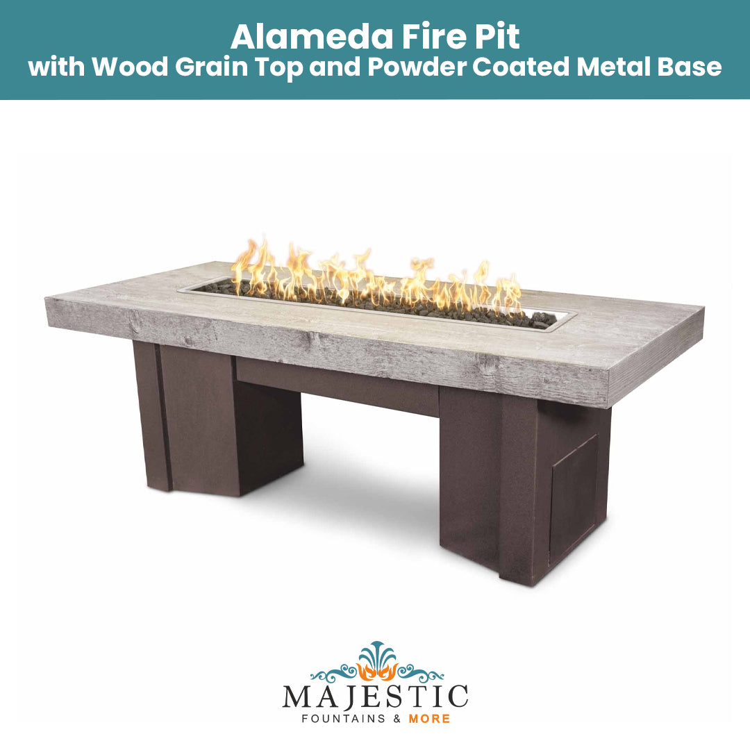 Alameda Fire Table with Wood Grain Top and Powder Coated Metal Base by The Outdoor Plus + Free Cover - Majestic Fountains and More