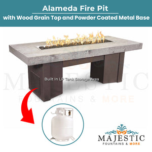 Alameda Fire Table with Wood Grain Top and Powder Coated Metal Base by The Outdoor Plus + Free Cover - Majestic Fountains and More