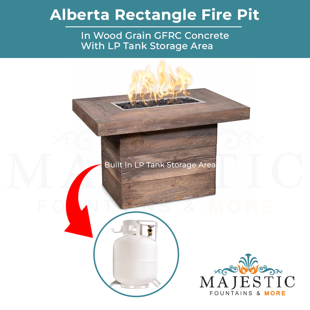 Alberta Rectangle Fire Pit in Wood Grain Concrete - Majestic Fountains