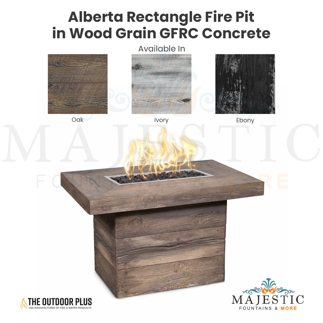 Alberta Rectangle Fire Pit in Wood Grain GFRC Concrete - Majestic Fountains