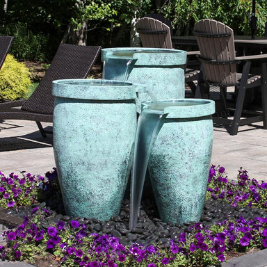 Aqua Patina Round Brass Triple Urn - Majestic Fountains And More