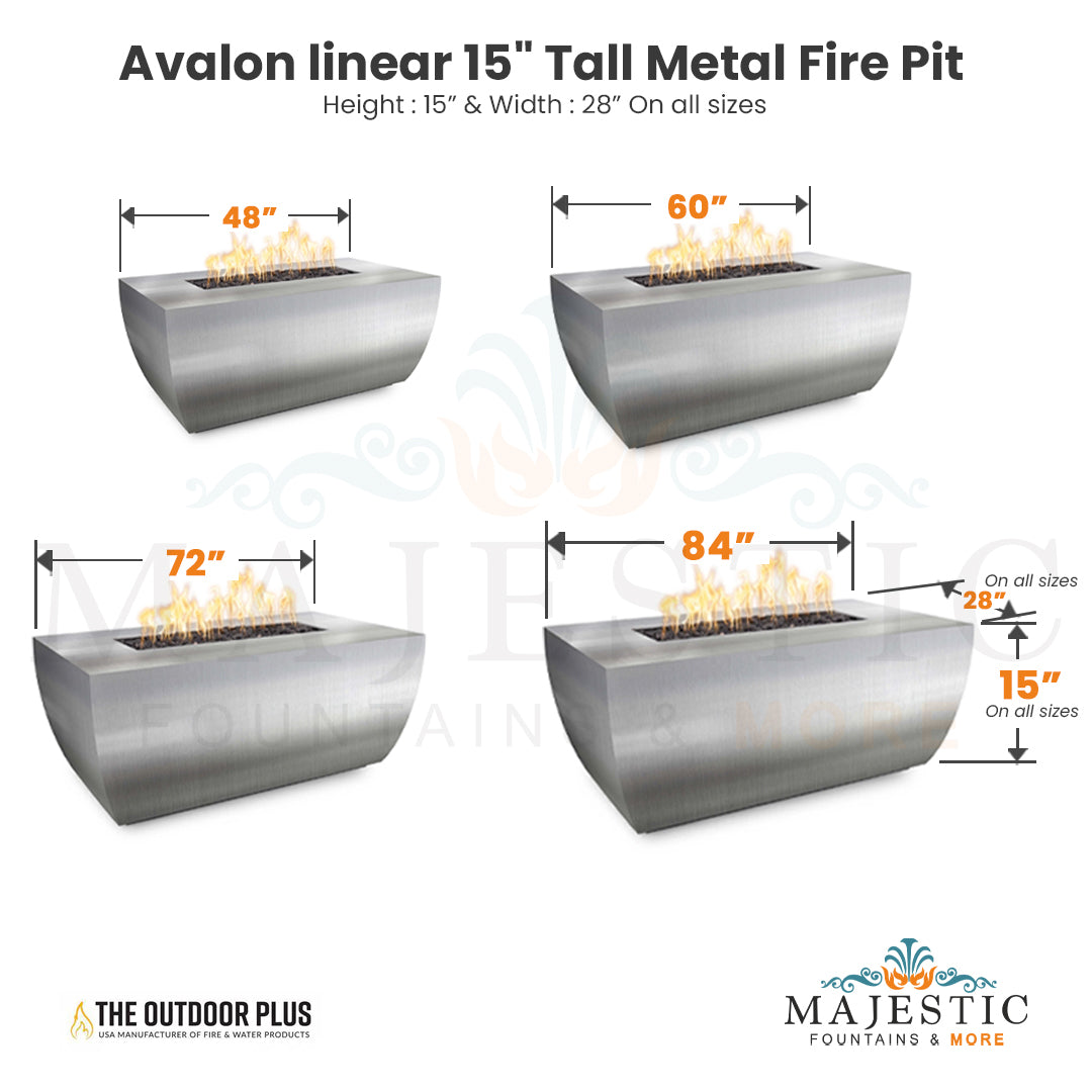 Avalon linear 15 Tall Fire Pit in Powder Coated Steel  Size - Majestic Fountains and More