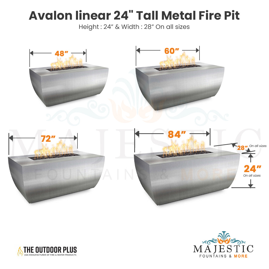 Avalon linear 24 Tall Fire Pit in Powder Coated Steel  Size - Majestic Fountains and More