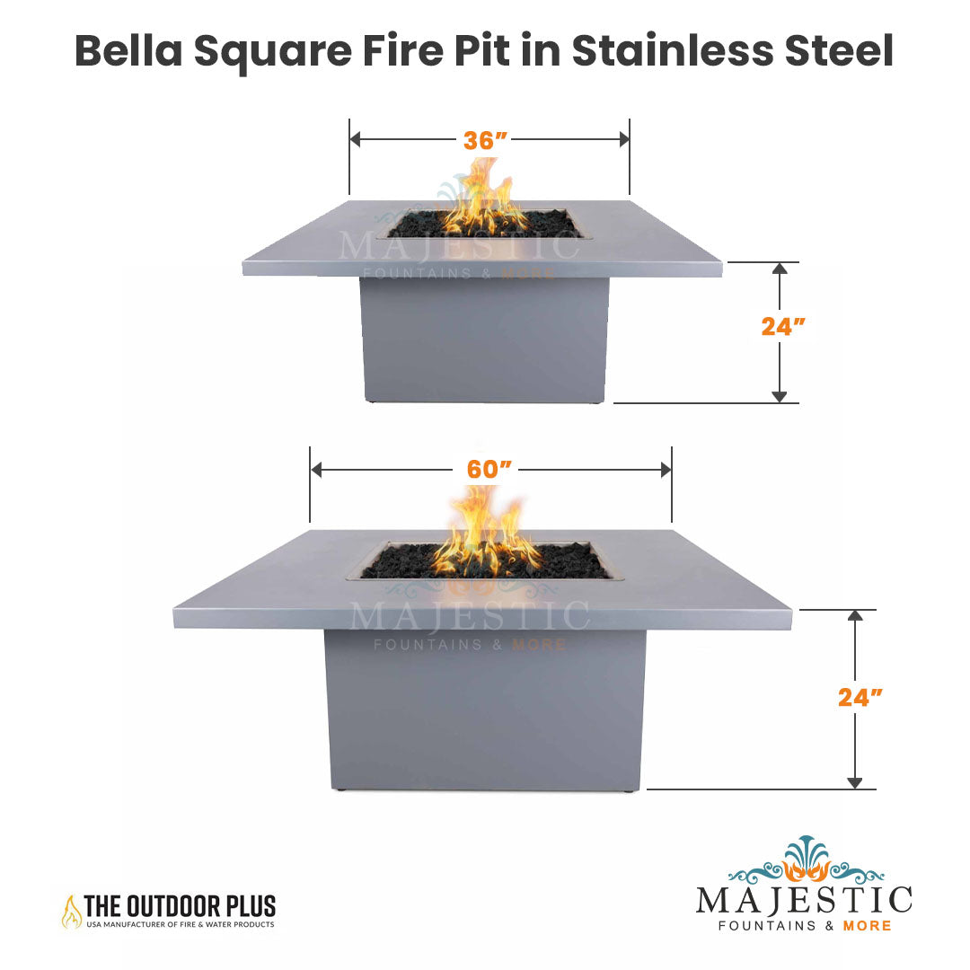 Plus Bella Square Fire Pit in Stainless Steel Size -  Majestic Fountains