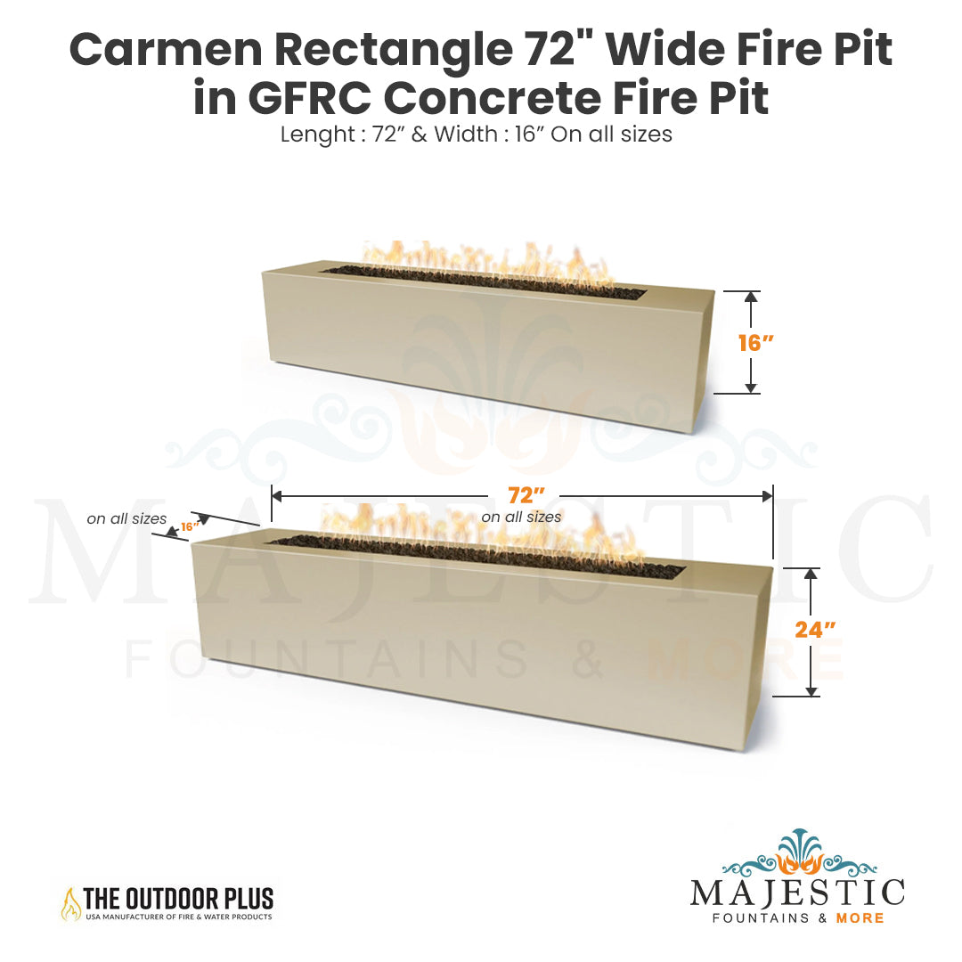 Carmen Rectangle 72 Wide Fire Pit in GFRC Concrete Size - Majestic Fountains