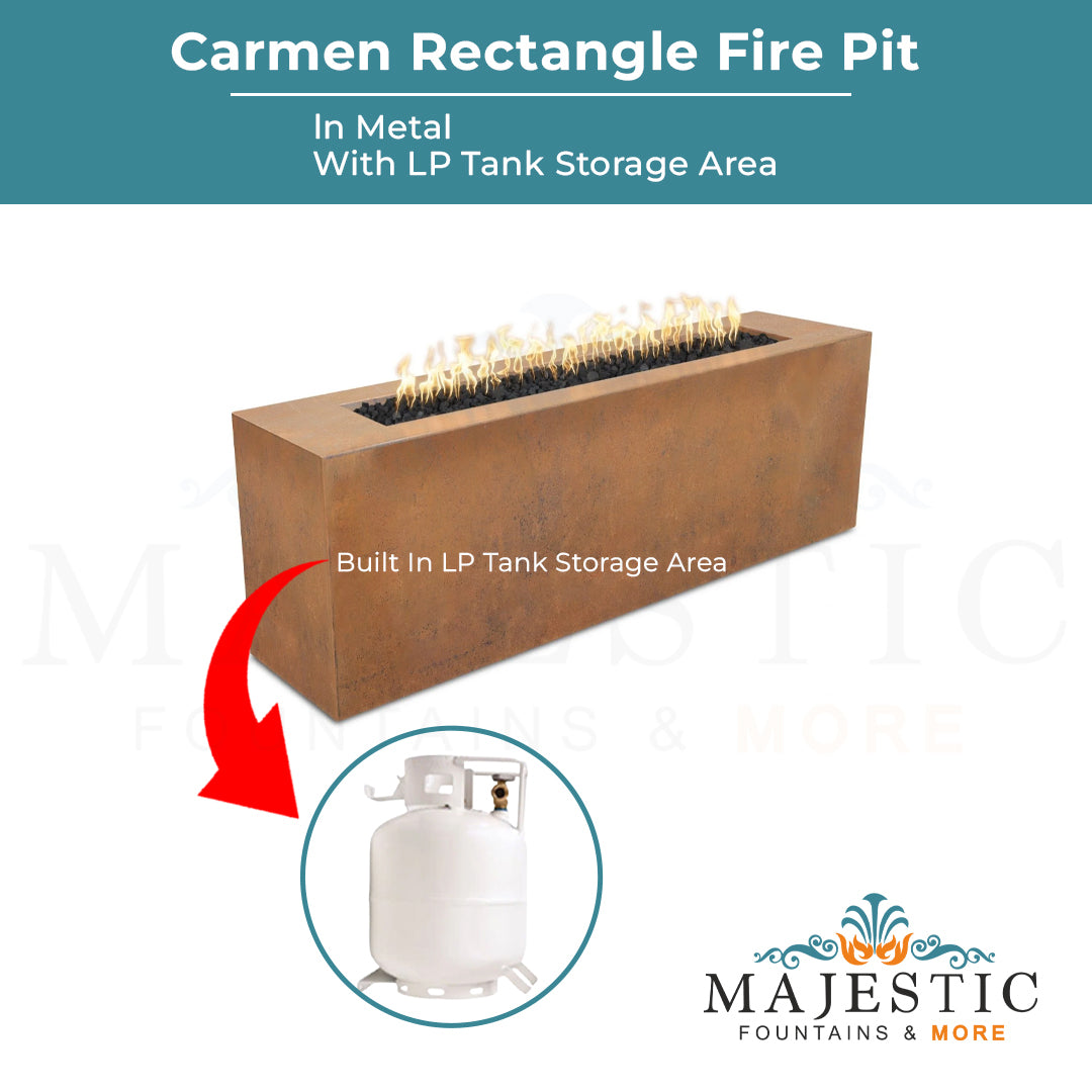 Carmen Rectangle Metal Fire Pit - Majestic Fountains