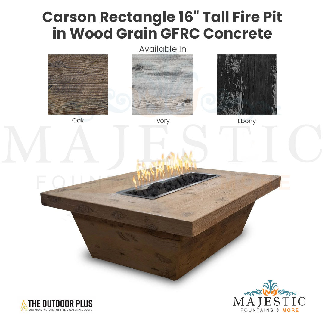 Carson Rectangle 16" Tall Fire Pit in Wood Grain GFRC Concrete - Majestic Fountains