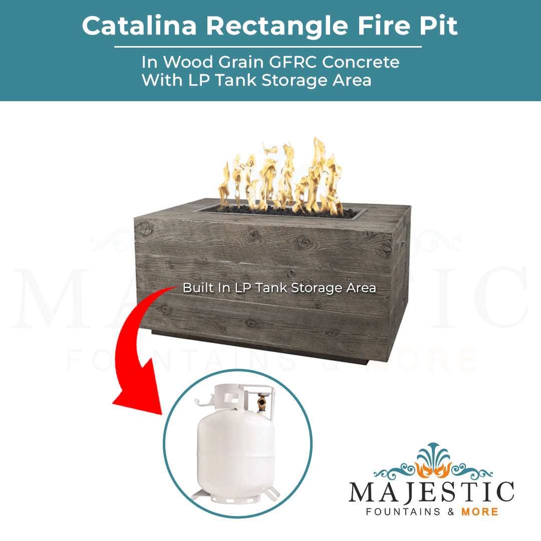 Catalina Rectangle Fire Pit in Wood Grain Concrete - Majestic Fountains