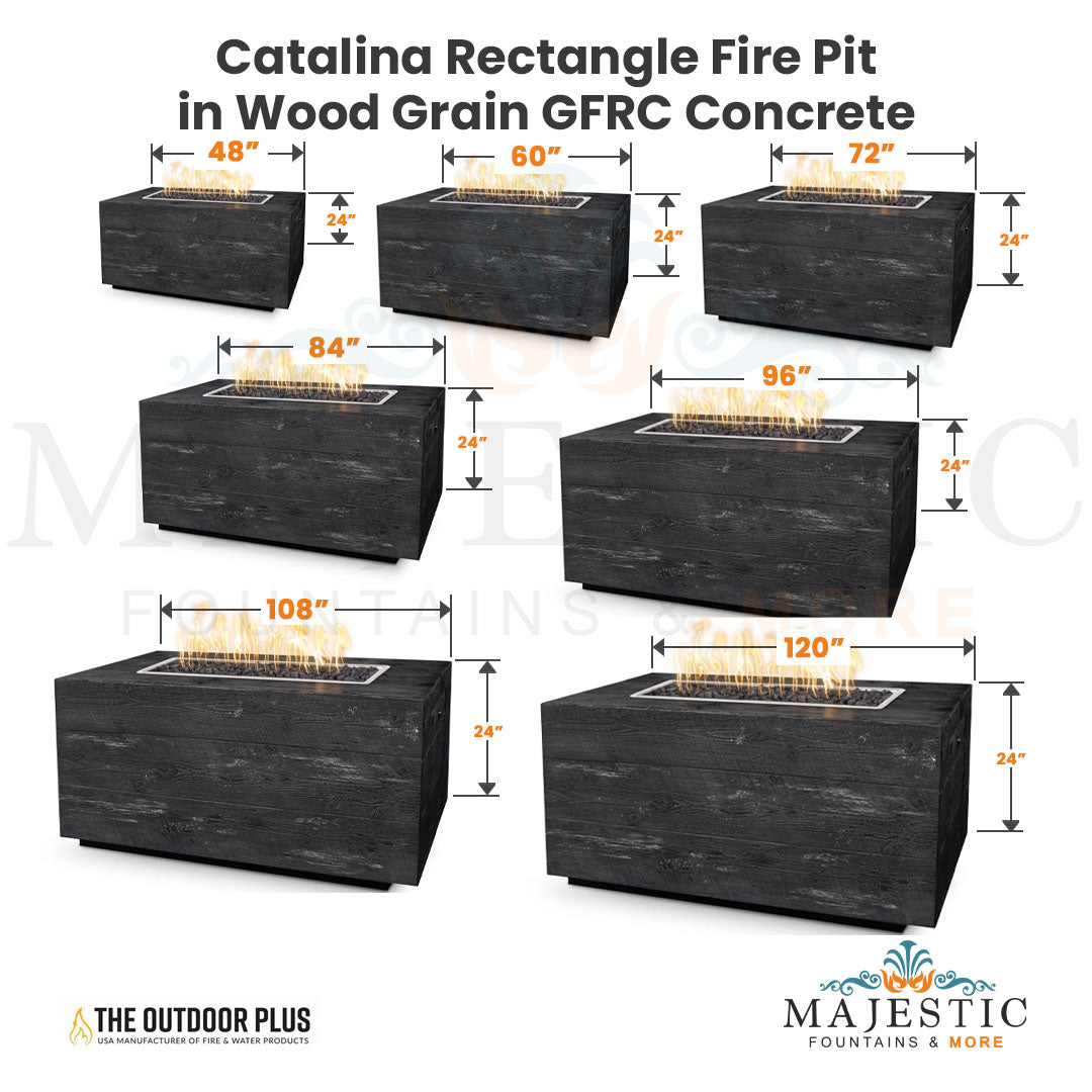 Catalina Rectangle Fire Pit in Wood Grain GFRC Concrete Size - Majestic Fountains