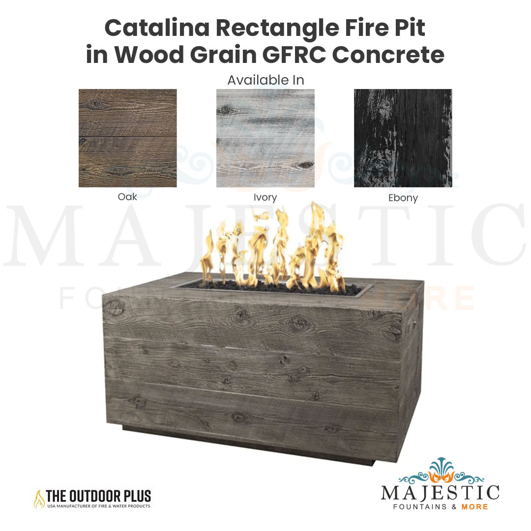 Catalina Rectangle Fire Pit in Wood Grain GFRC Concrete - Majestic Fountains