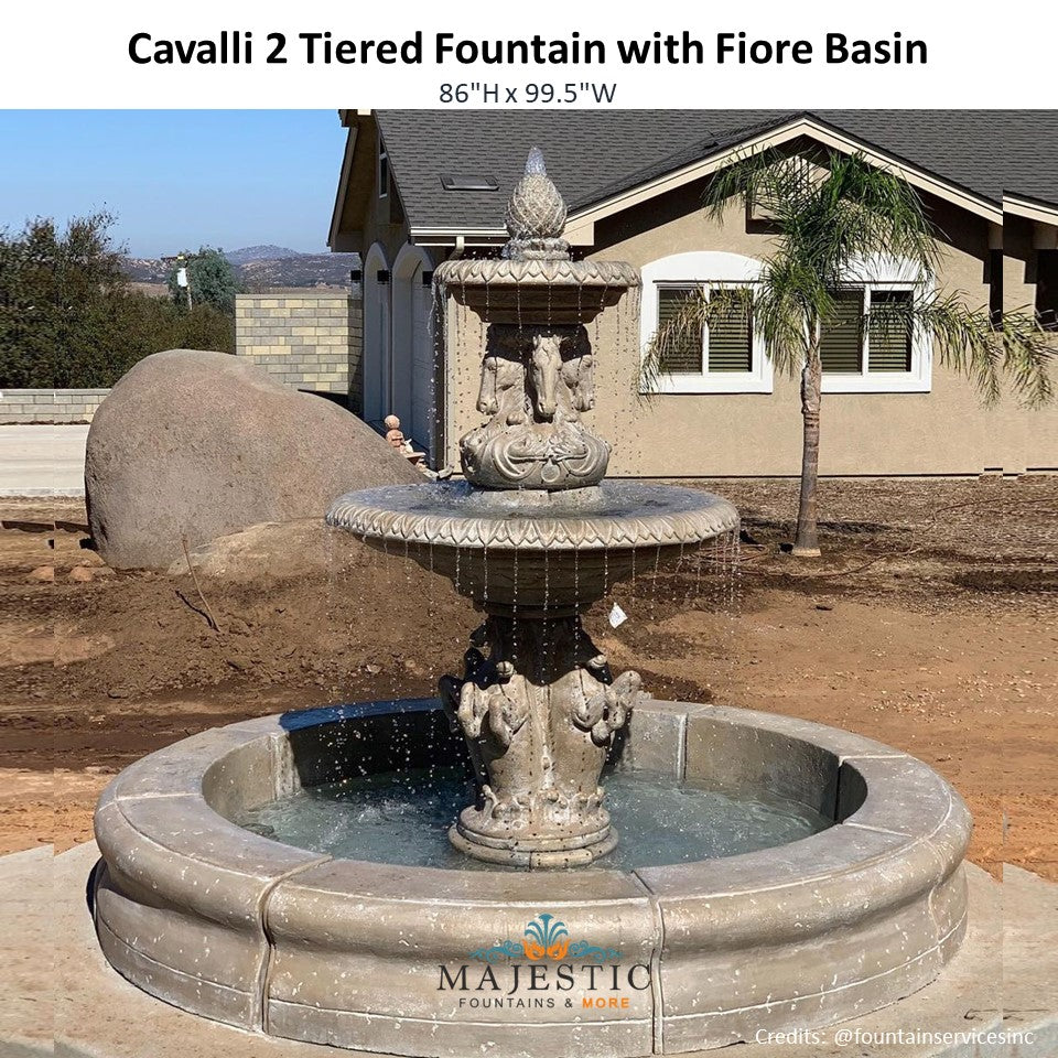 Cavalli 2 Tiered Fountain with Fiore Basin in Cast Stone - Fiore Stone 2133-FRG - Majestic Fountains and More