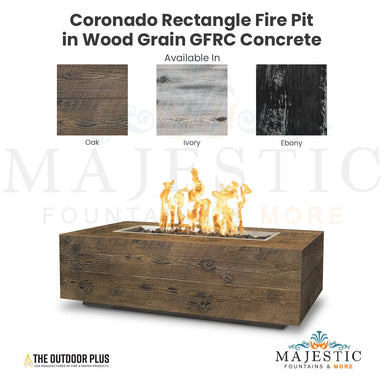 Coronado Rectangle Fire Pit in Wood Grain GFRC Concrete - Majestic Fountains