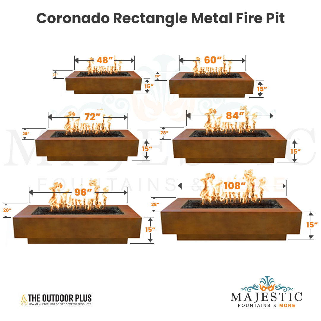 The Outdoor Plus Coronado Rectangle Metal Fire Pit Size - Majestic Fountains