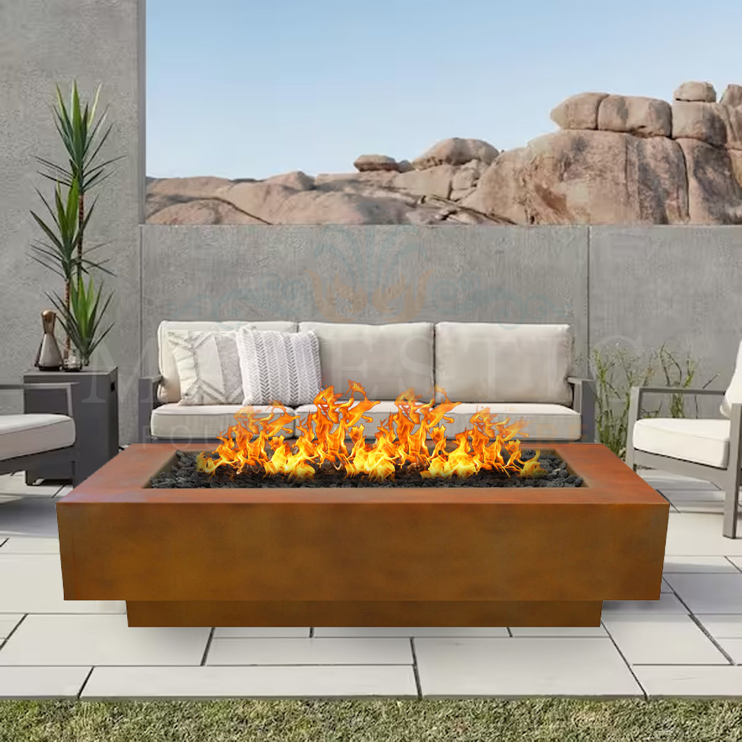 The Outdoor Plus Coronado Rectangle Metal Fire Pit - Majestic Fountains