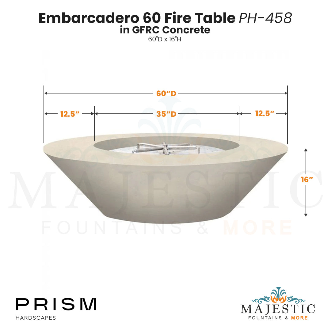 Embarcadero 60 Fire Table PH-458 in GFRC Concrete by Prism Hardscapes Size - Majestic Fountains and More