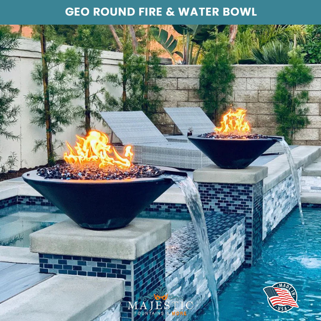 Geo Round Fire & Water Bowl in GFRC Concrete- Majestic Fountains and More