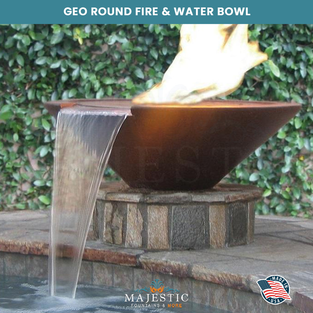 Geo Round Fire & Water Bowl in GFRC Concrete- Majestic Fountains and More