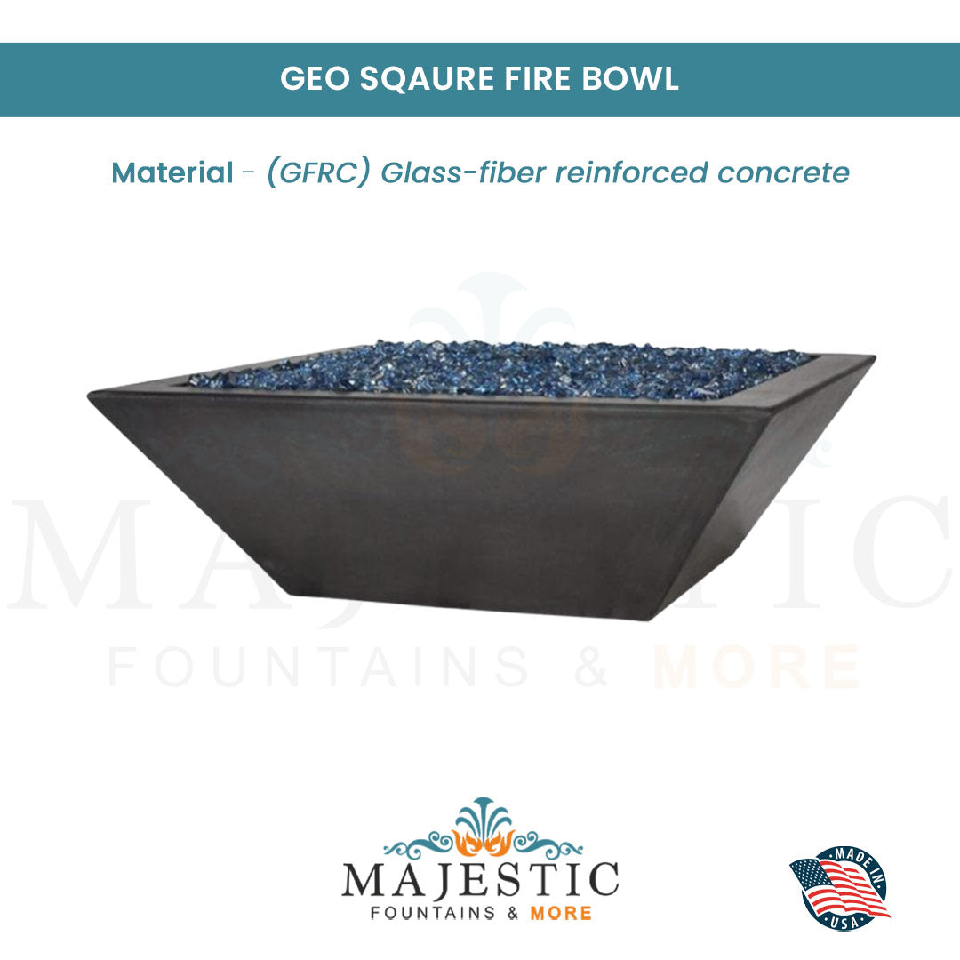 Geo Square Fire Bowl in GFRC Concrete - Majestic Fountains and More