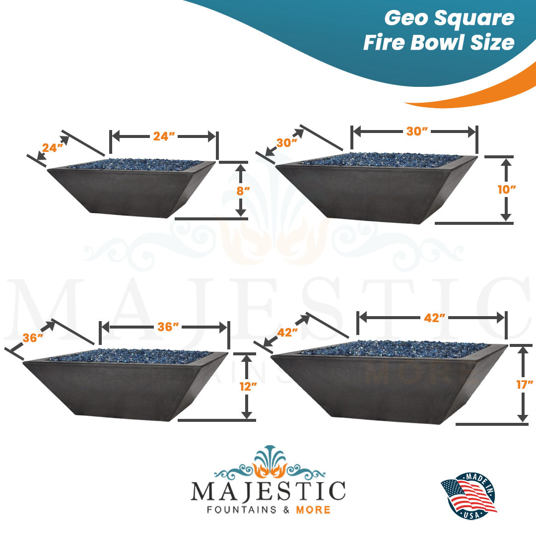 Geo Square Fire Bowl in GFRC Concrete Sizes  - Majestic Fountains and More