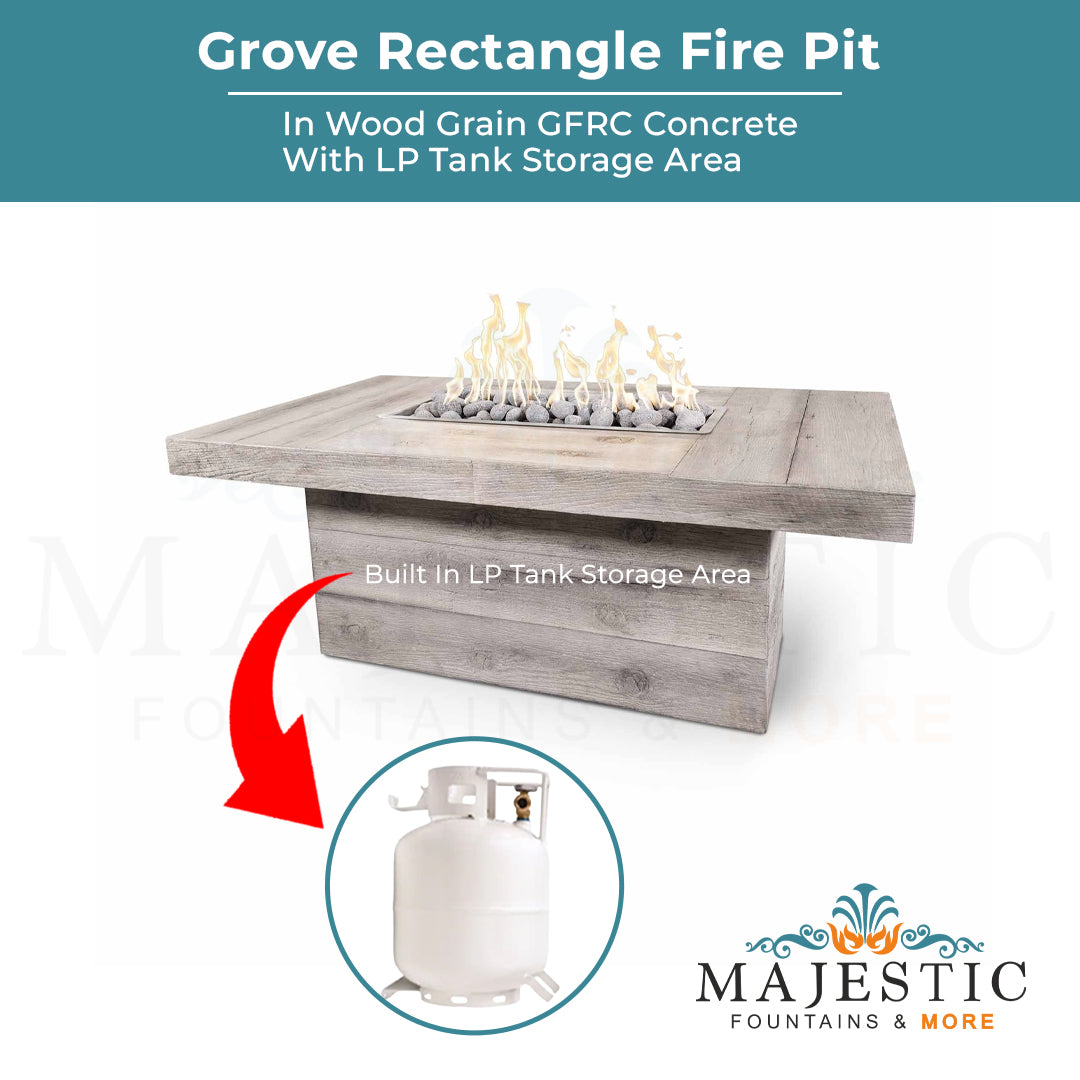 Grove Rectangle Fire Pit in Wood Grain Concrete - Majestic Fountains