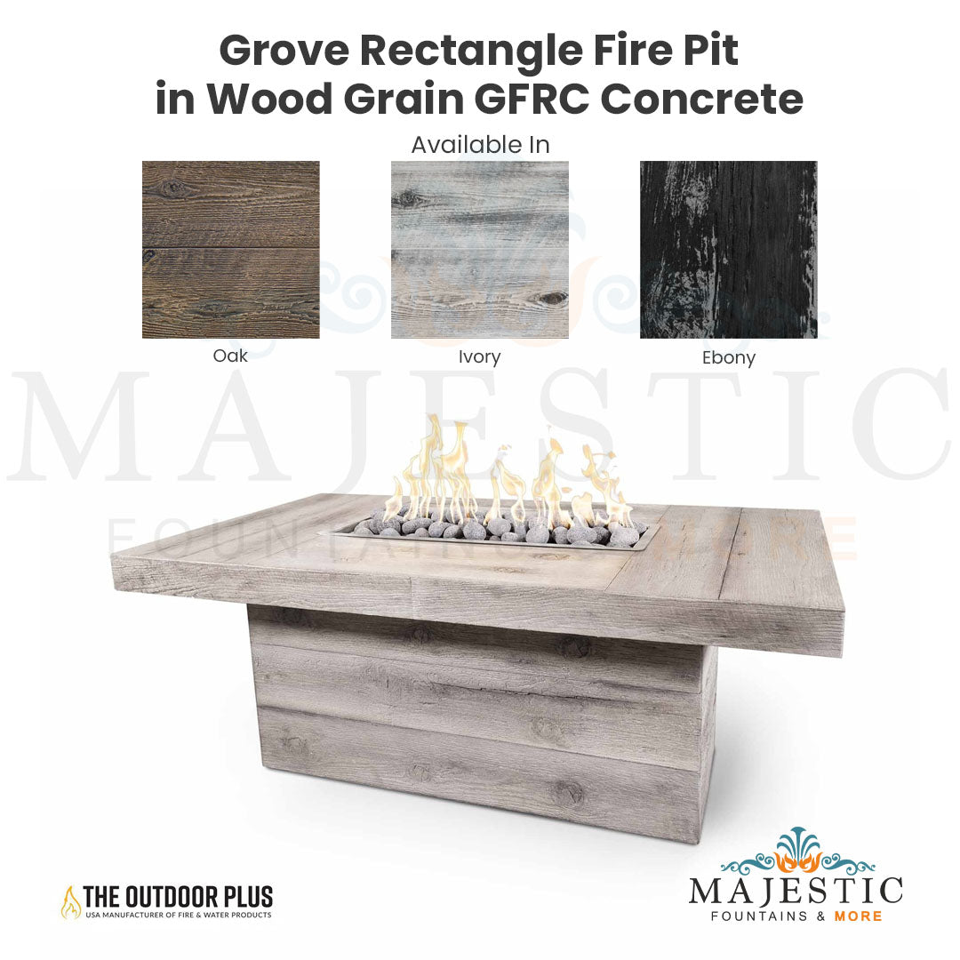 Grove Rectangle Fire Pit in Wood Grain GFRC Concrete - Majestic Fountains