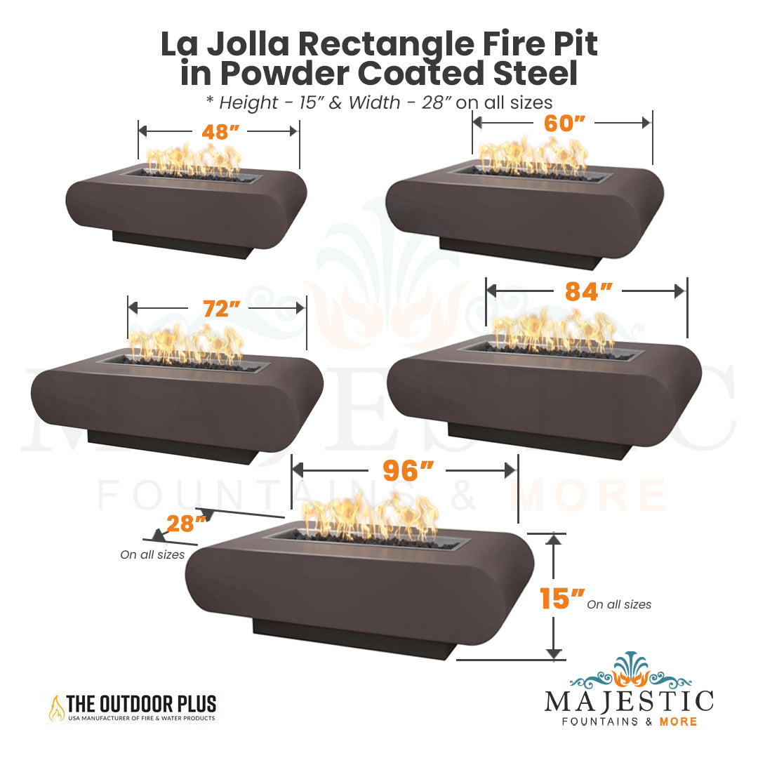 La Jolla Rectangle Fire Pit in Powder Coated Steel Size - Majestic Fountains and More