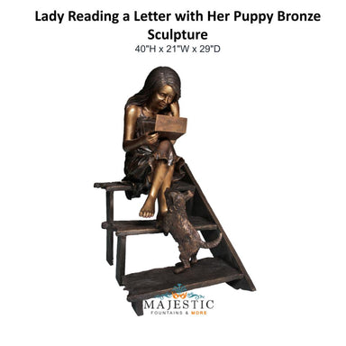 Lady Reading a Letter with Her Puppy Bronze Sculpture - Majestic Fountains & More