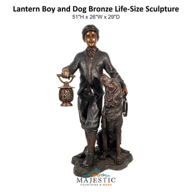 Lantern Boy and Dog Bronze Life-Size Sculpture - Majestic Fountains & More