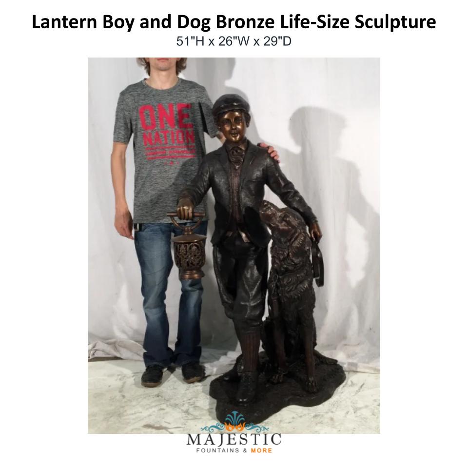 Lantern Boy and Dog Bronze Life-Size Sculpture - Majestic Fountains & More