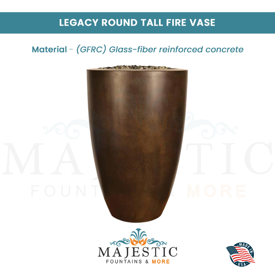 Legacy Round Tall Fire Vase in GFRC Concrete - Majestic Fountains and More