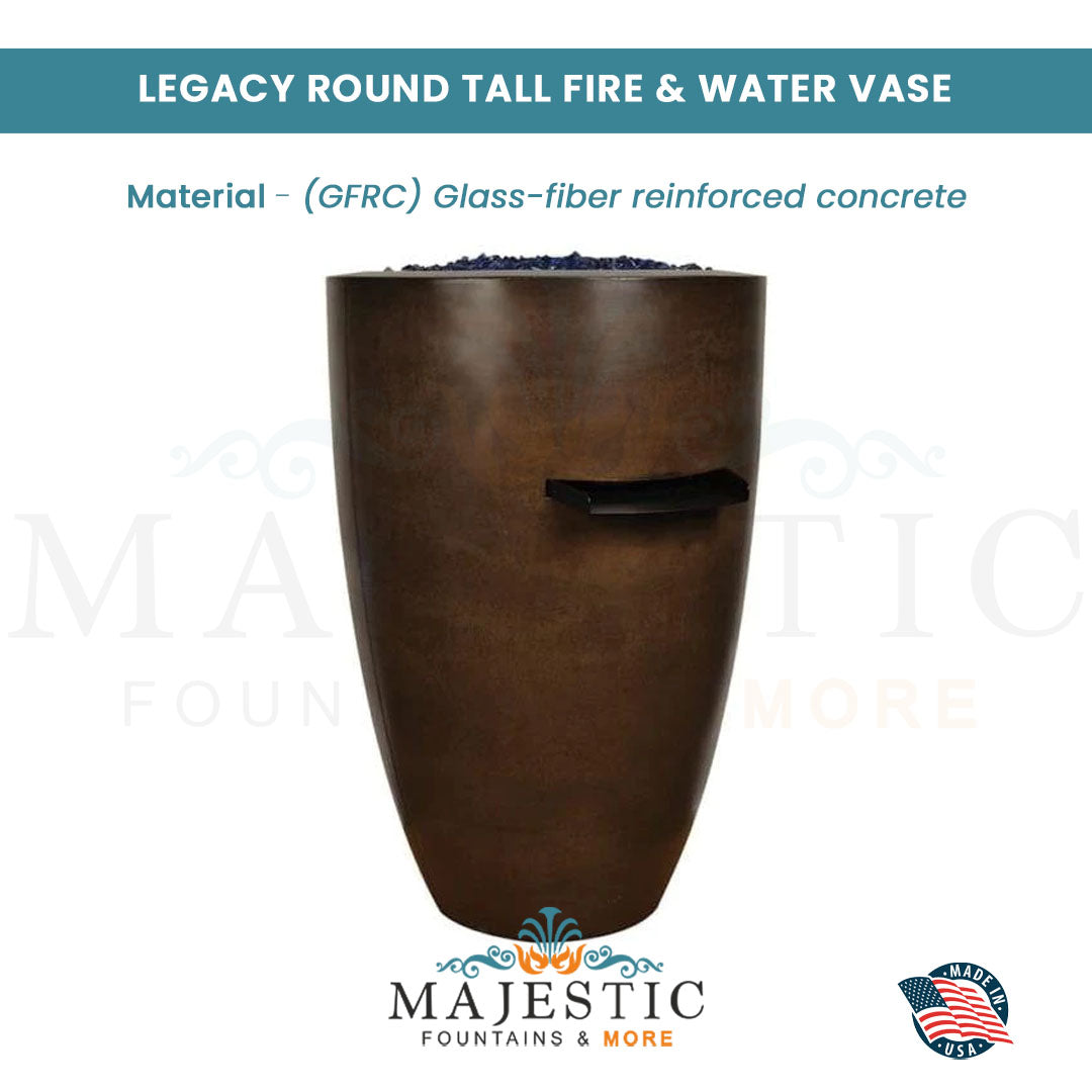 Legacy Round Tall Fire & Water Vase in GFRC Concrete - Majestic Fountains and More.