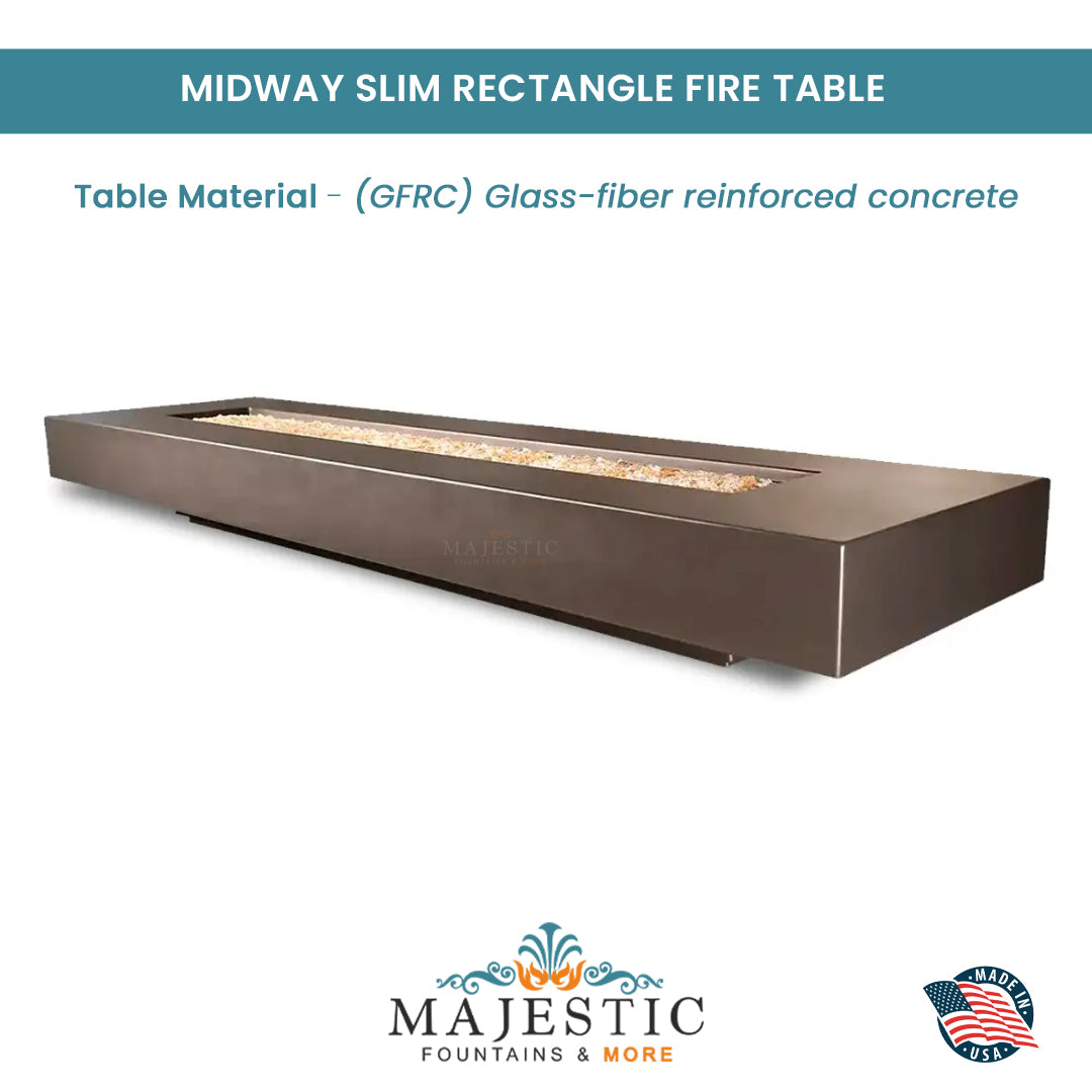 Midway Slim Rectangle Fire Table in GFRC Concrete - Majestic Fountains and More