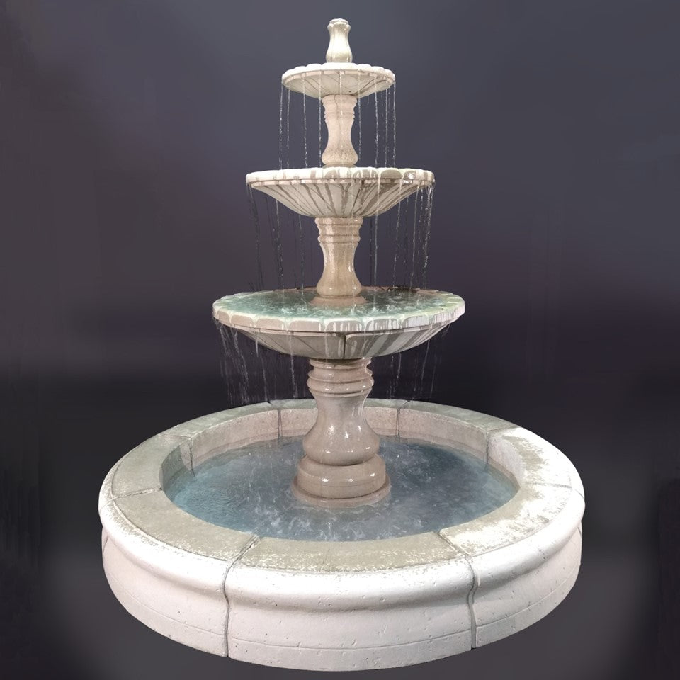 Monaco 3 Tier Fountain with Fiore Basin in Cast Stone - Fiore Stone LG169-FRG - Majestic Fountains and More