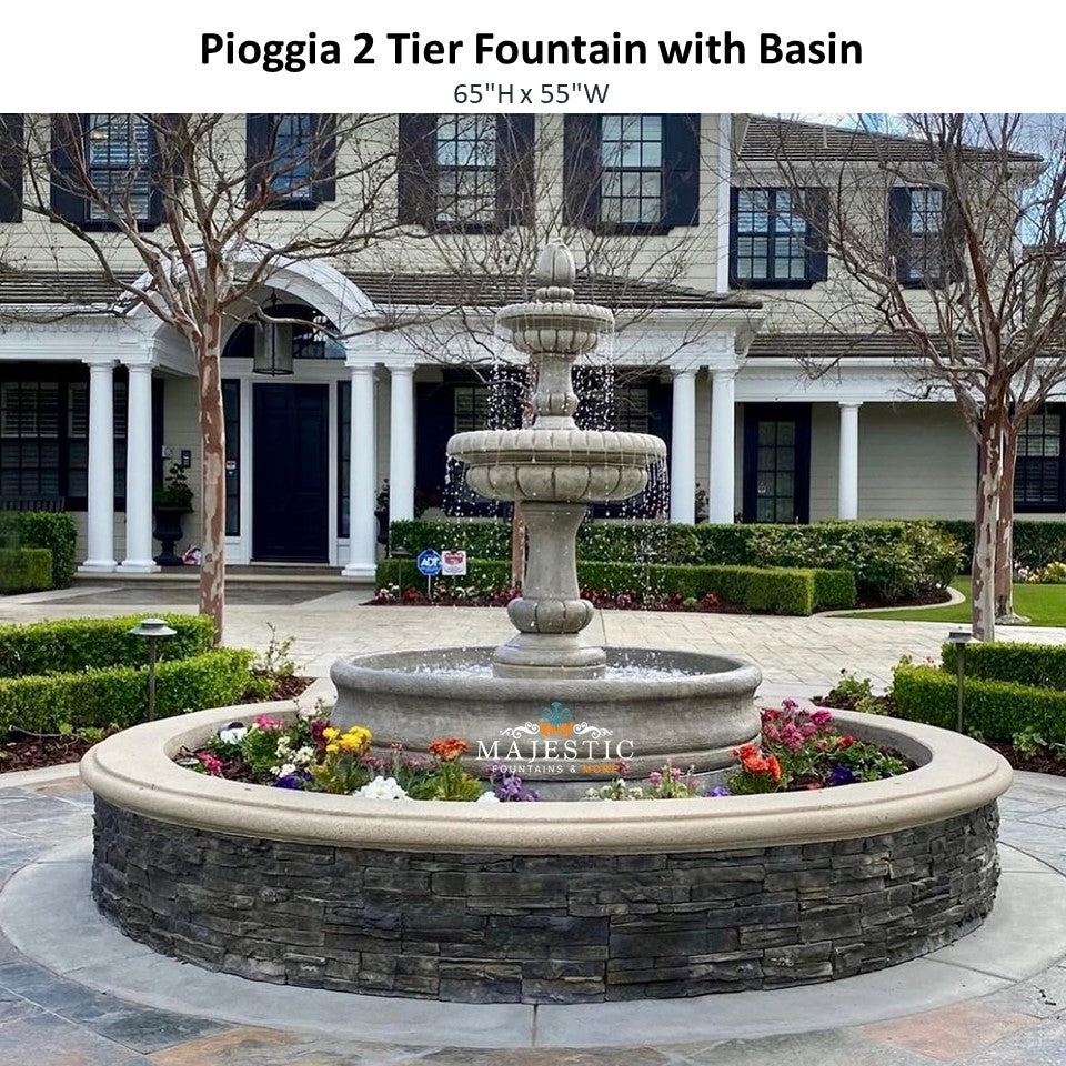 Pioggia 2 Tier Fountain With Basin in Cast Stone by Fiore Stone - Majestic Fountains and More