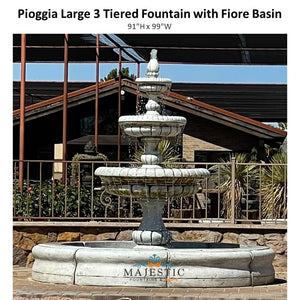 Pioggia Large 3 Tiered Fountain with Basin in Cast Stone - Fiore Stone AGA-LG163-FR - Majestic Fountains and More