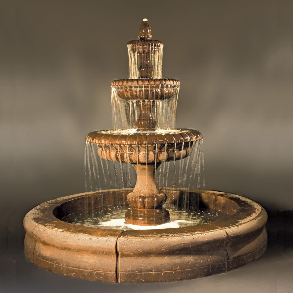 Pioggia Large 3 Tiered Fountain with Basin in Cast Stone - Fiore Stone AGA-LG163-FR - Majestic Fountains and More