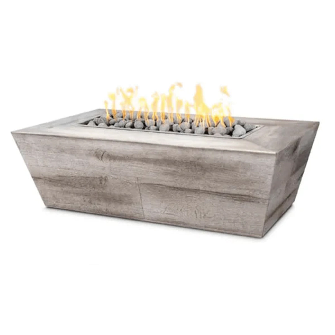 Plymouth Rectangle 16" Tall Fire Pit in Wood Grain GFRC Concrete - Majestic Fountains