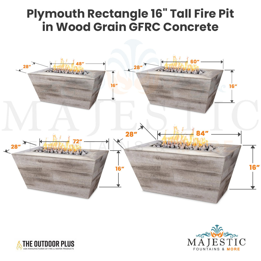 Plymouth Rectangle 16" Tall Fire Pit in Wood Grain GFRC Concrete - Majestic Fountains