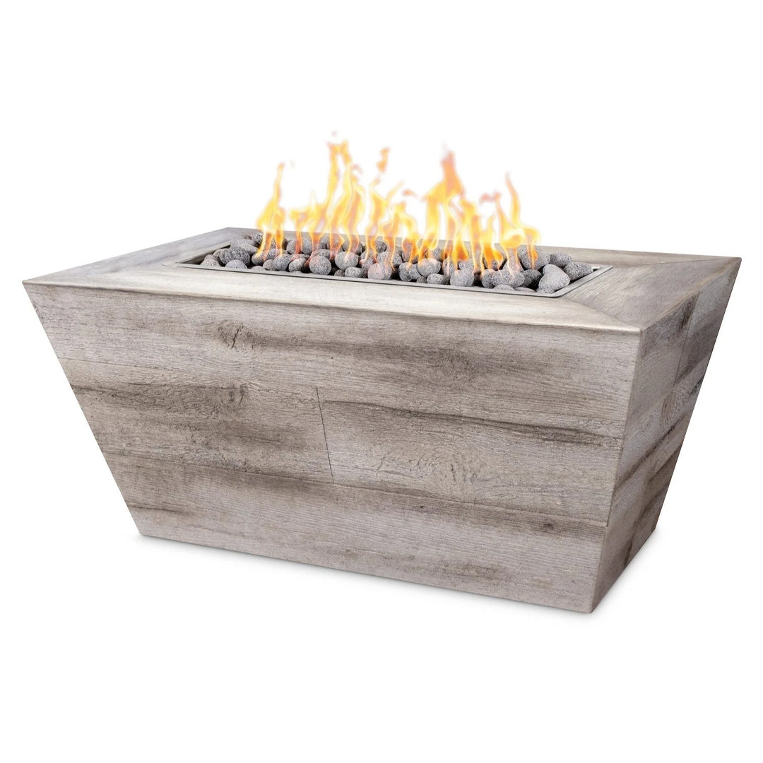 Plymouth Rectangle 24" Tall Fire Pit in Wood Grain GFRC Concrete - Majestic Fountains