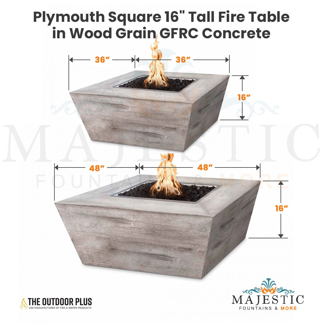 Plymouth Square 16" Tall Fire Table in Wood Grain GFRC Concrete Size - Majestic Fountains