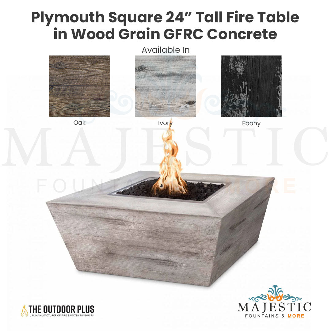 Plymouth Square 24" Tall Fire Table in Wood Grain GFRC Concrete - Majestic Fountains