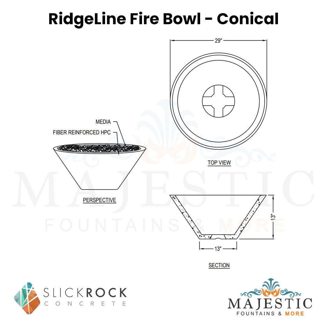 RidgeLine Fire Bowl - Conical - Majestic Fountains