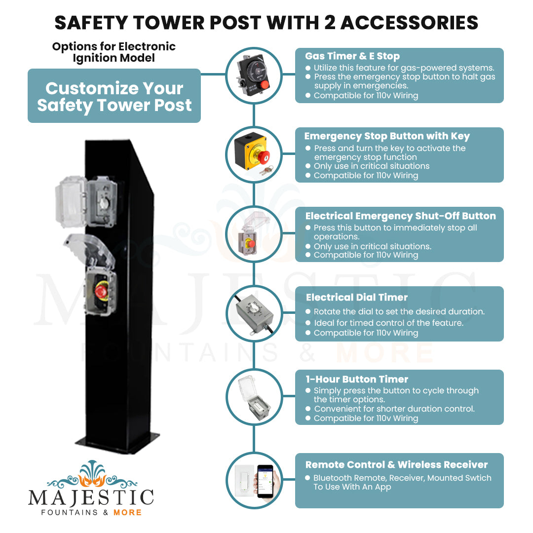 Safety Tower Post with 2 Accessories in Powder Coated Metal by the Outdoor Plus - Majestic fountains and More