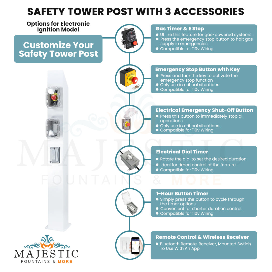 Safety Tower Post with 3 Accessories- Options for Electronic Ignition Model - Majestic Fountains