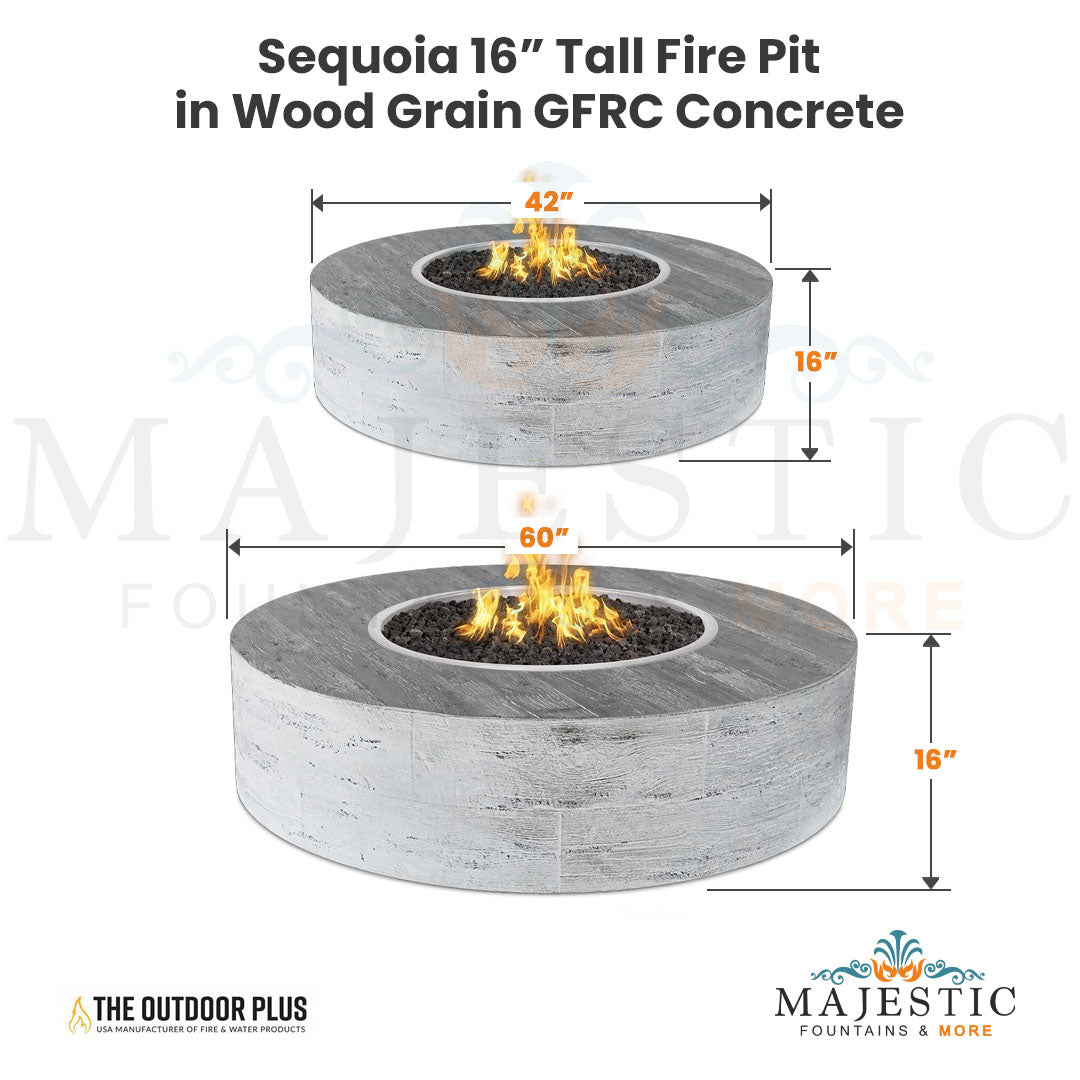 Sequoia 16" Tall Fire Pit in Wood Grain GFRC Concrete Size - Majestic Fountains