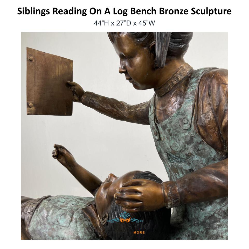 Siblings Reading On A Log Bench Bronze Sculpture